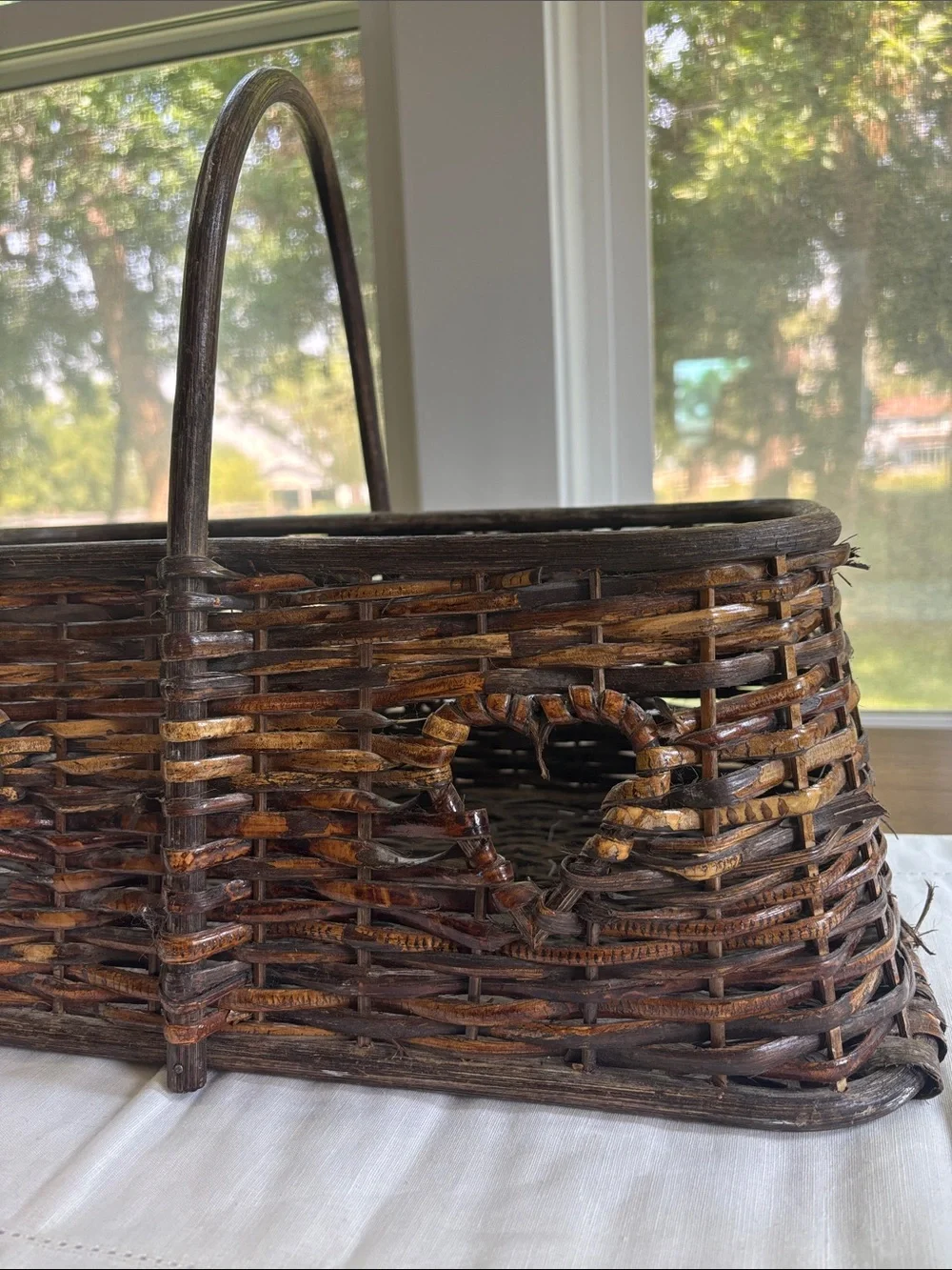 Vintage Woven Wicker Basket with Heart Cutouts 17”x9.5” Cottagecore